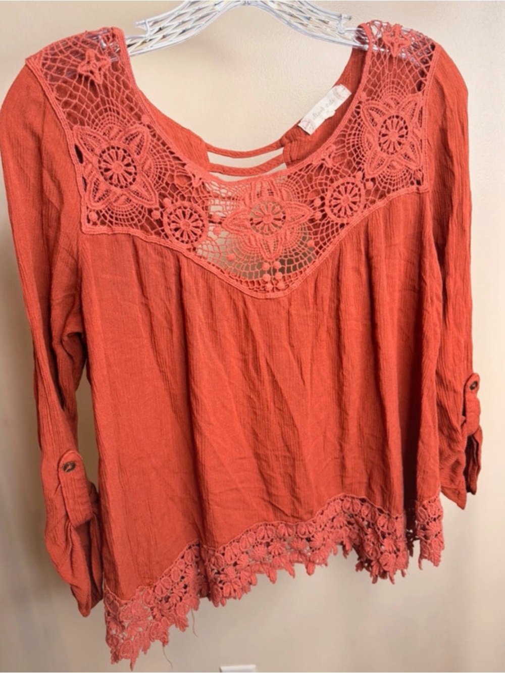 Altar'd State Coral Crochet Yoke Peasant Tunic